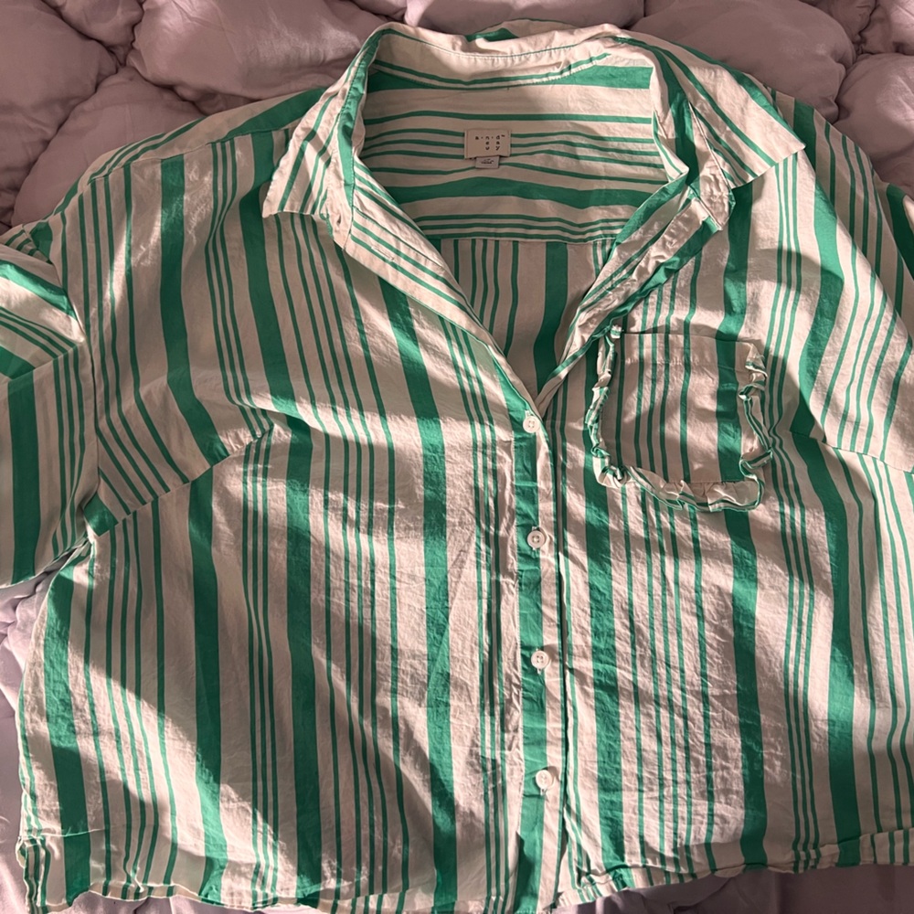 Green and White Striped Button-Up Shirt